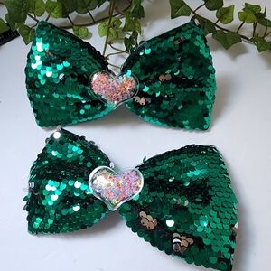 2 Girl's Mermaid Flip Sequin Green Hair Bow Clips New